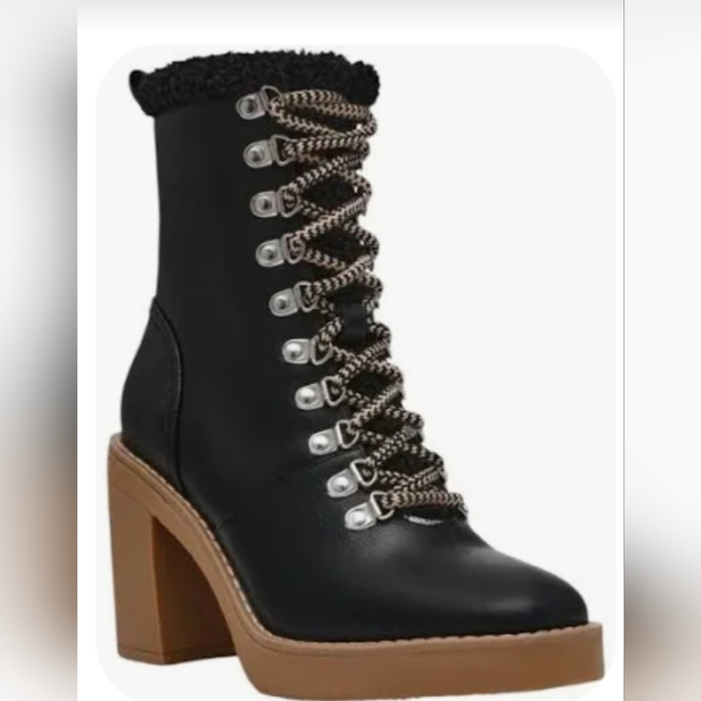DV Black Women's-Heeled-Carmen- Faux Shearling Lined-Lace-Up Boots